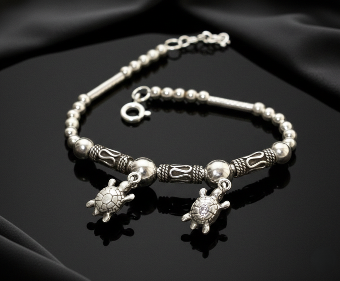 Pure 925 Sterling Silver Bracelet with Turtle Charms, Beaded Design with Adjustable Chain, For Women,Girls, Pack of 1