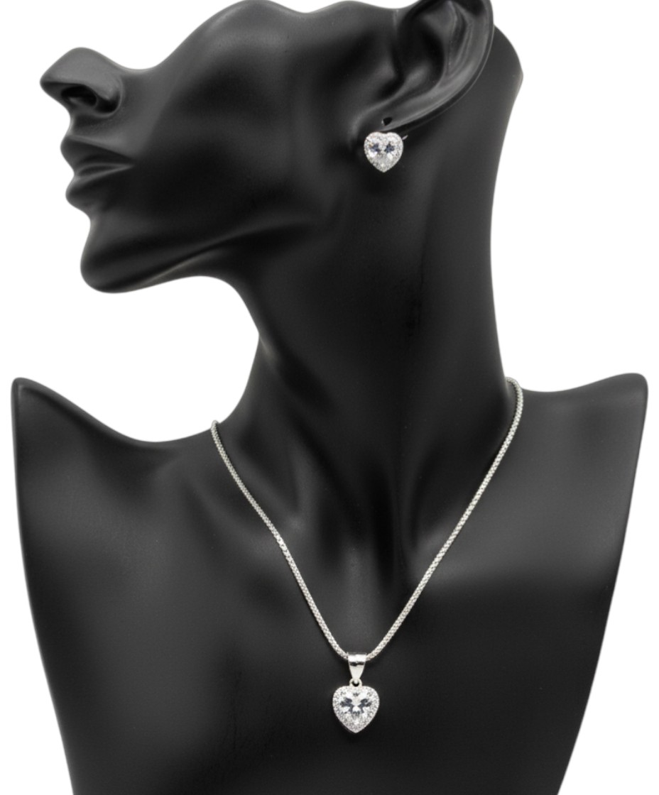 Pure 925 Sterling Silver Heart Shape Jewelry Set - Sparkling CZ Pendant Necklace & Stud Earrings for Women,Girls