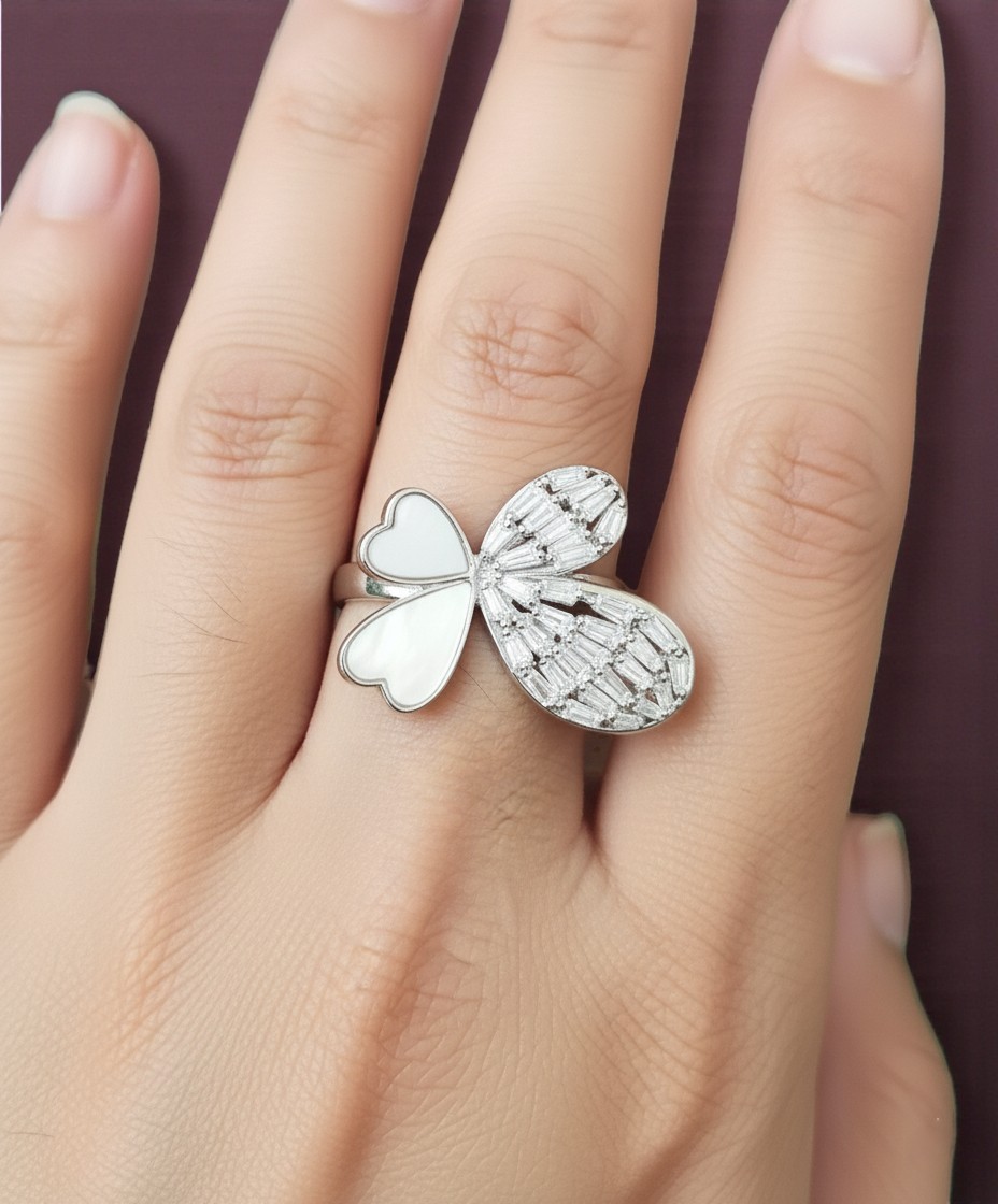 Pure 925 Sterling Silver Butterfly Ring with Enamel Flower Design, Nature-Inspired Jewellery for Women,Girl
