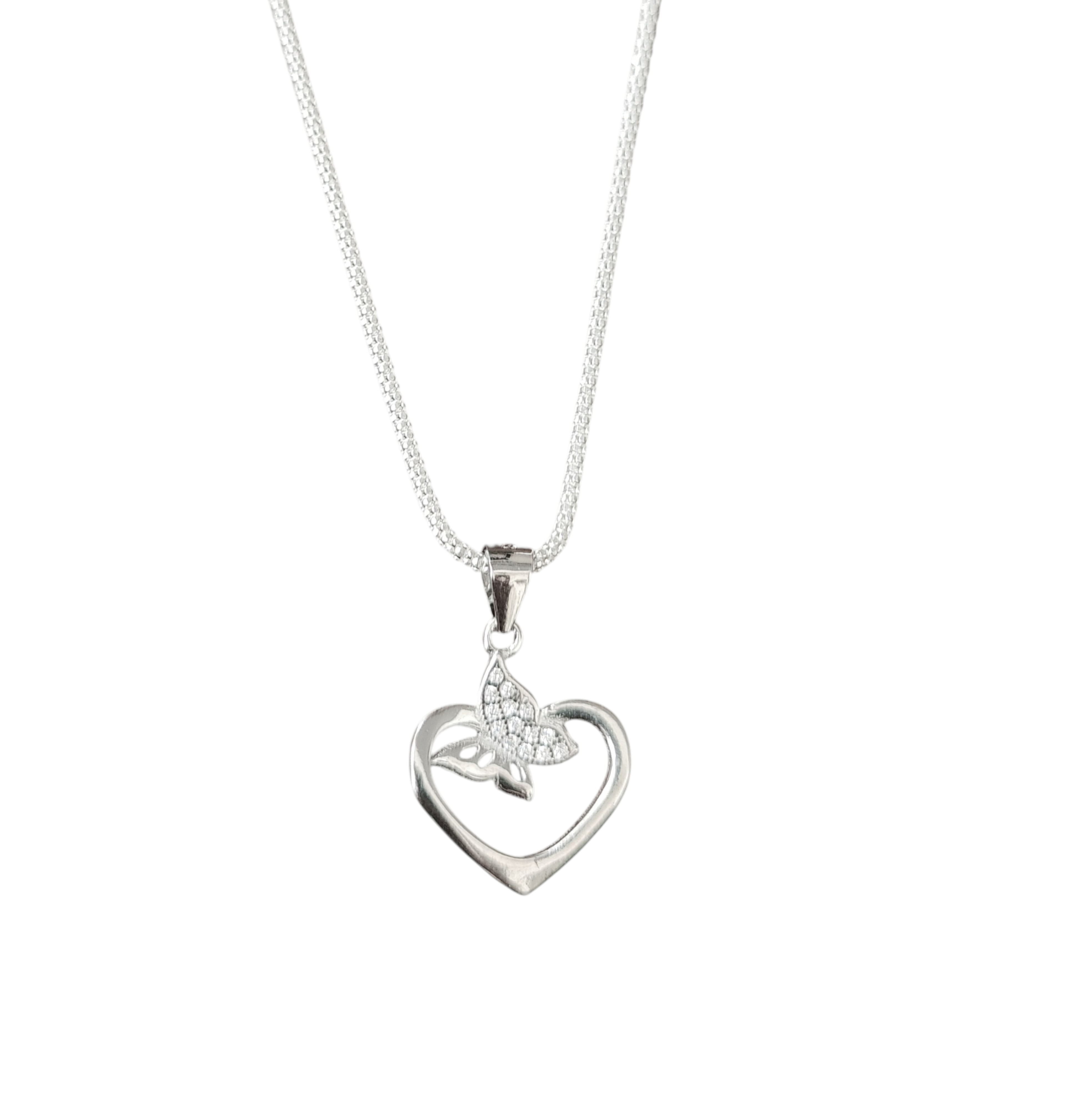 Pure 925 sterling silver Heart and Butterfly Pendant Necklace with Chain | Dainty Cubic Zirconia Butterfly Charm–Romantic Gift for Her