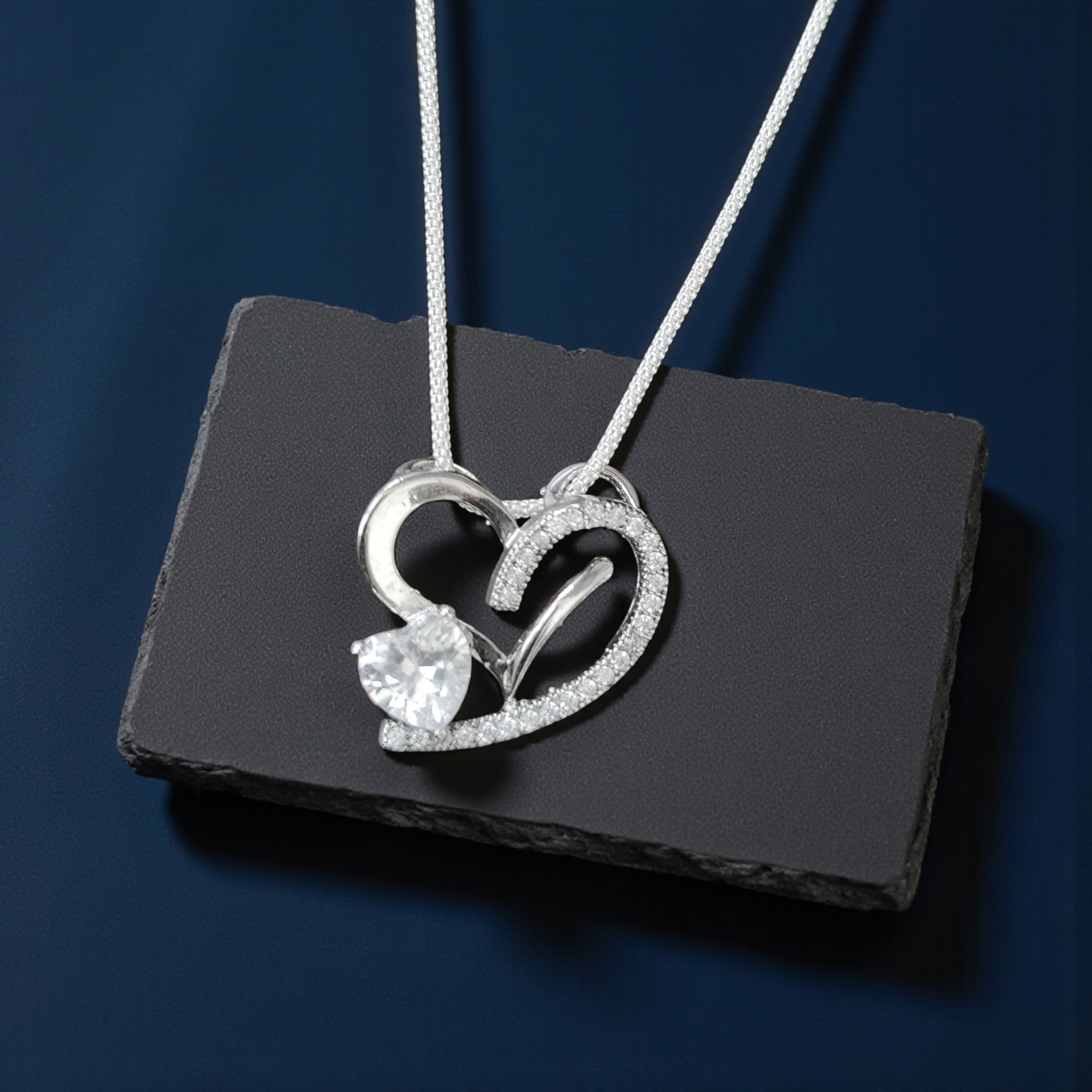 Pure 925 Sterling Silver Double Heart Pendant | Cubic Zirconia, Pack of 1