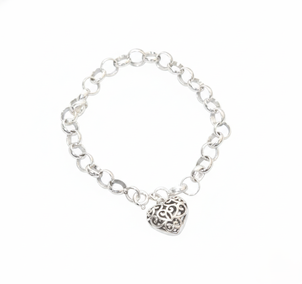 Pure 925 Sterling Silver Chain Bracelet with Filigree Heart Charm For Women,Girls (Pack of 1)