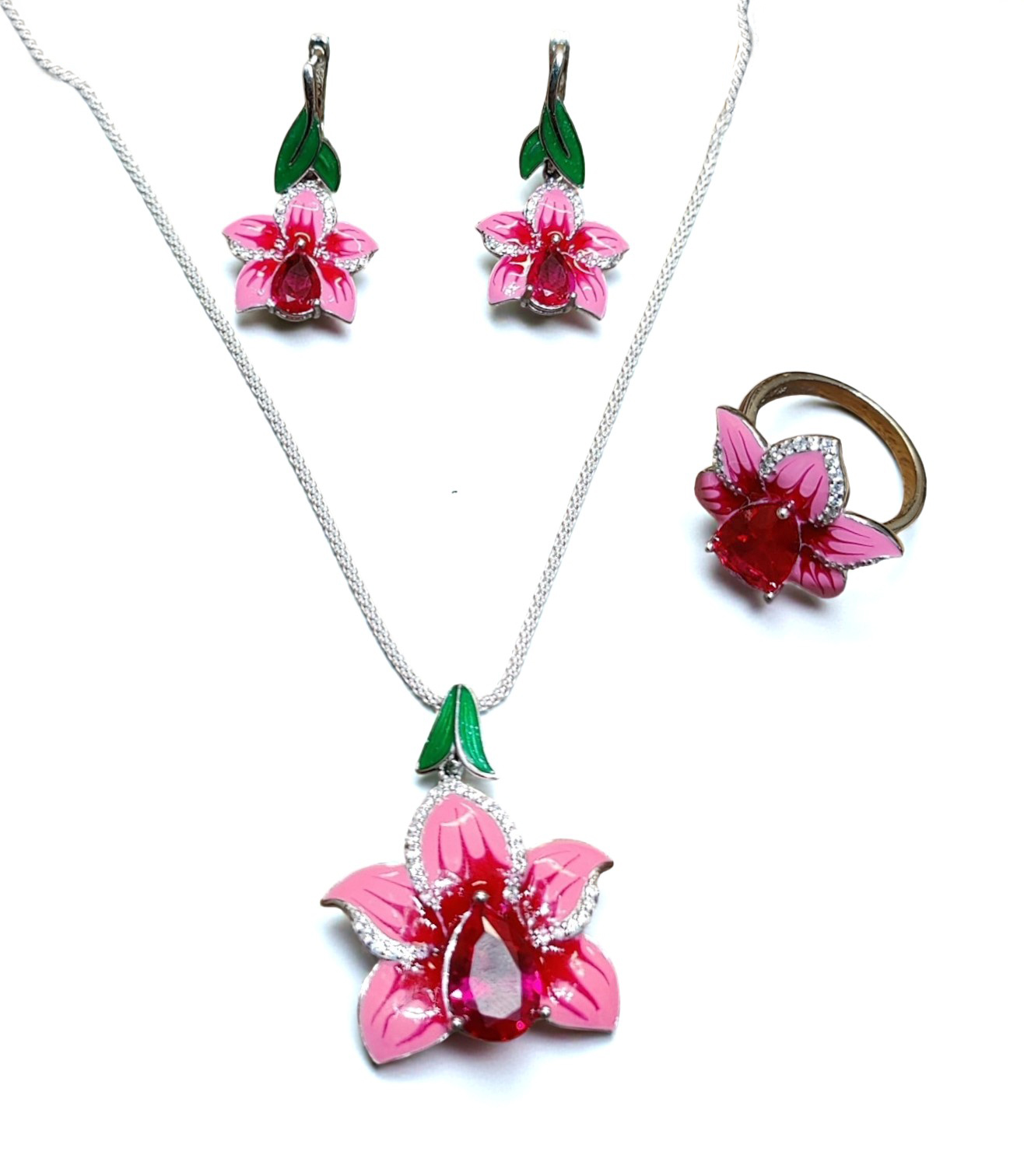 Pure 925 sterling silver Pink Lotus Jewelry Set, Necklace with Pendant, Earrings and Ring For Women,Girls (Set of 1)