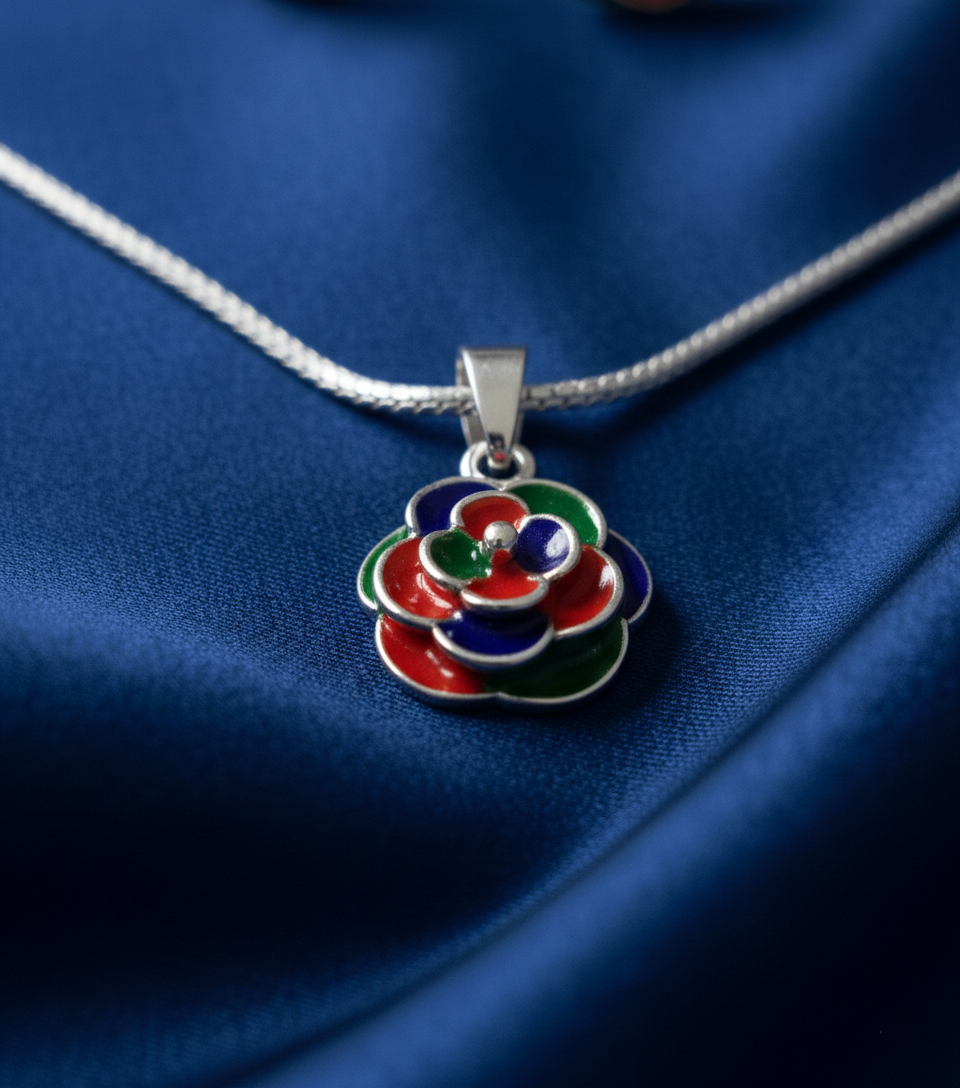 Pure 925 Silver Multicolor Floral Pendant Necklace and Earrings Jewelry Set (Set of 1)