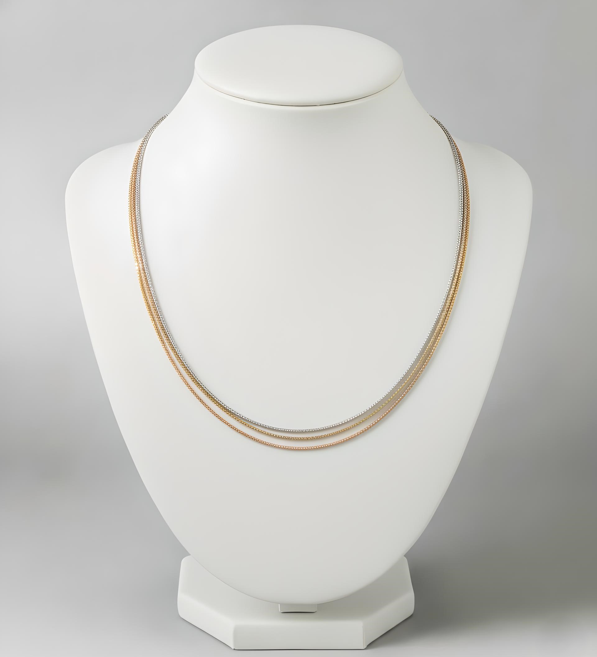 Pure 925 Silver Multi-Strand Chain Necklace, Tri-Color Gold Rose Gold Silver Tone For Women,Girl