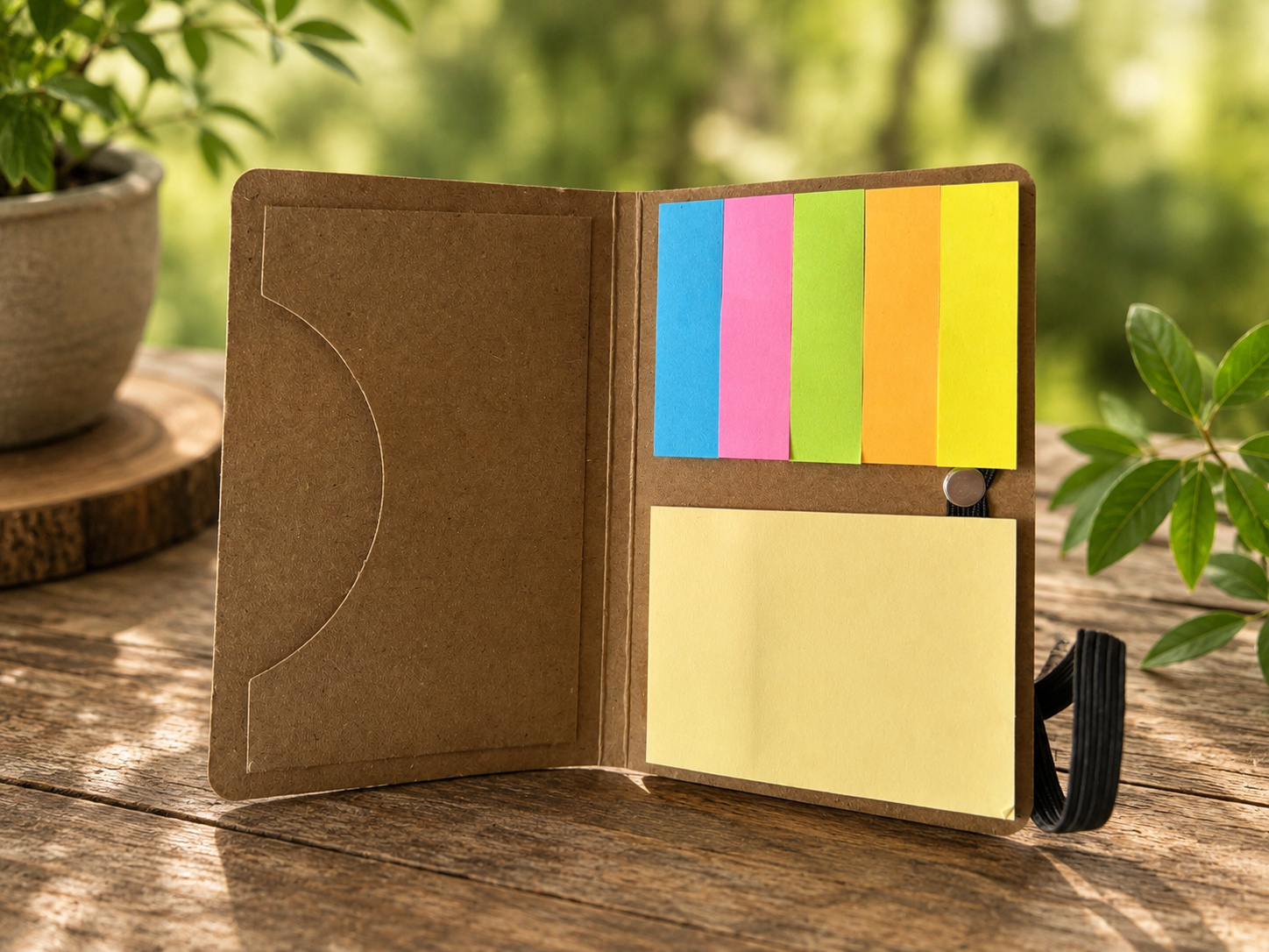 Set mémo et notes repositionnables en kraft personnalisé par gravure avec élastique noir