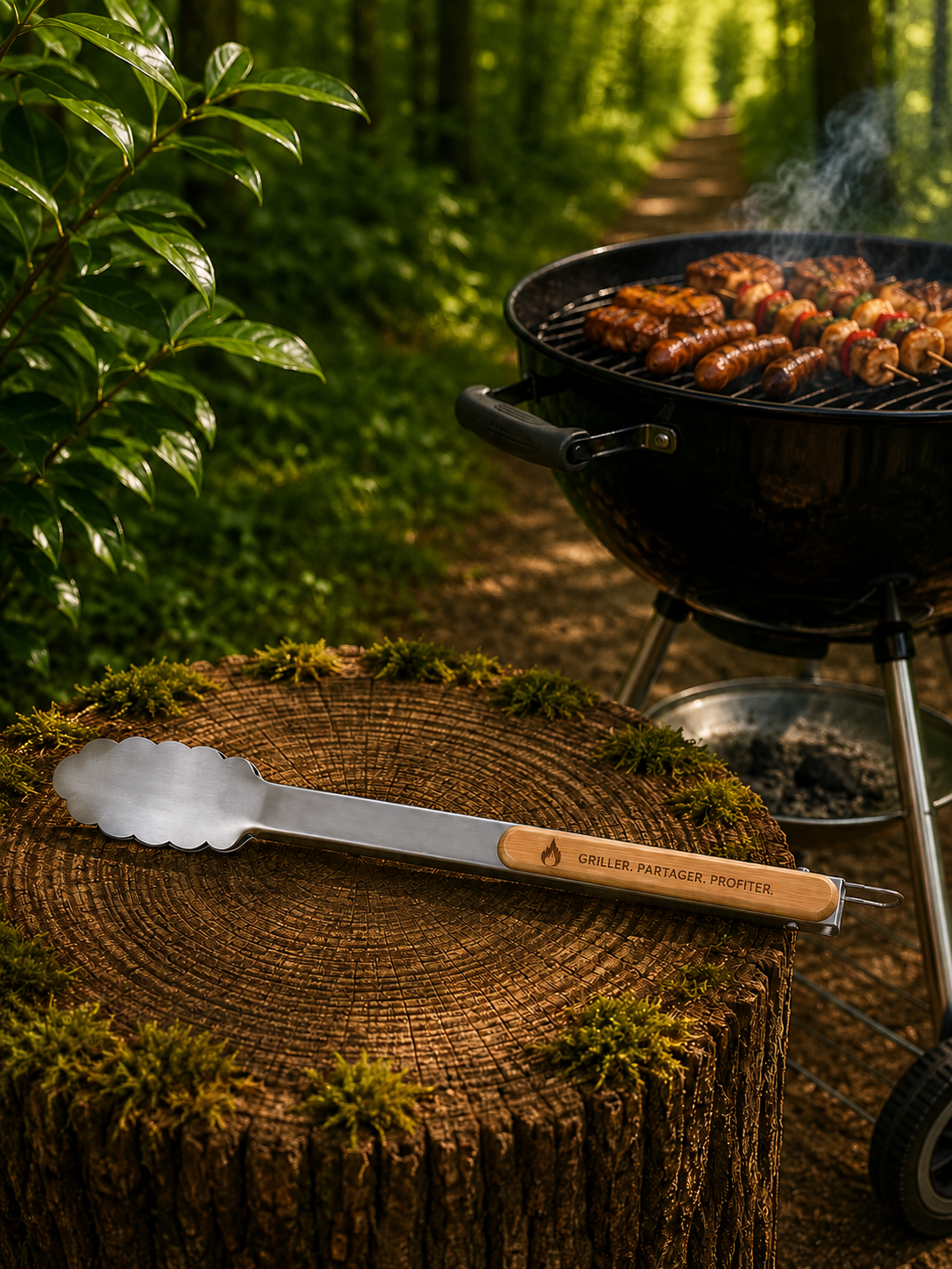 Pince Barbecue en bambou et acier inoxydable personnalisée par gravure