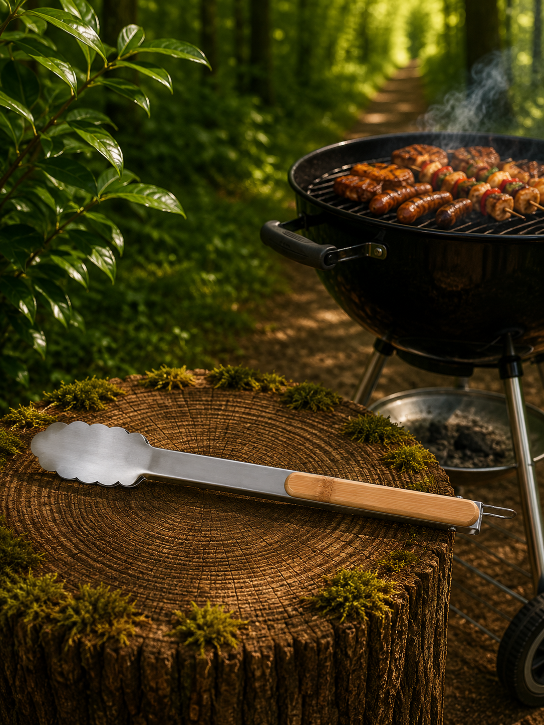 Pince Barbecue en bambou et acier inoxydable personnalisée par gravure
