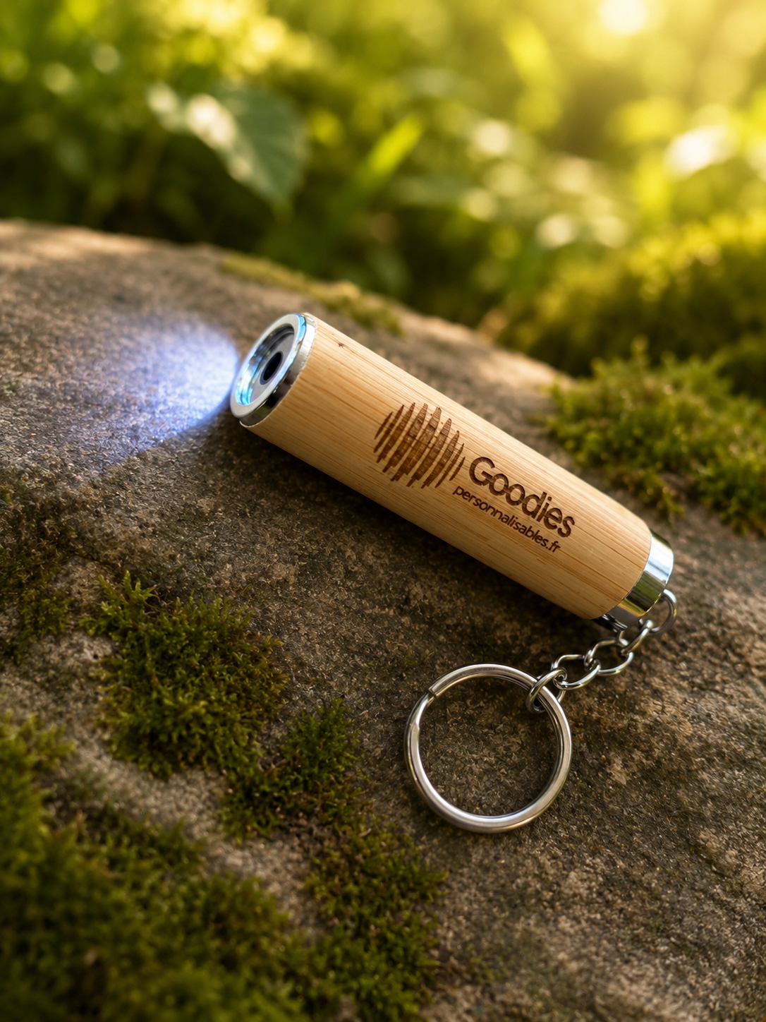 Porte clé torche led en bambou et ABS personnalisé par gravure