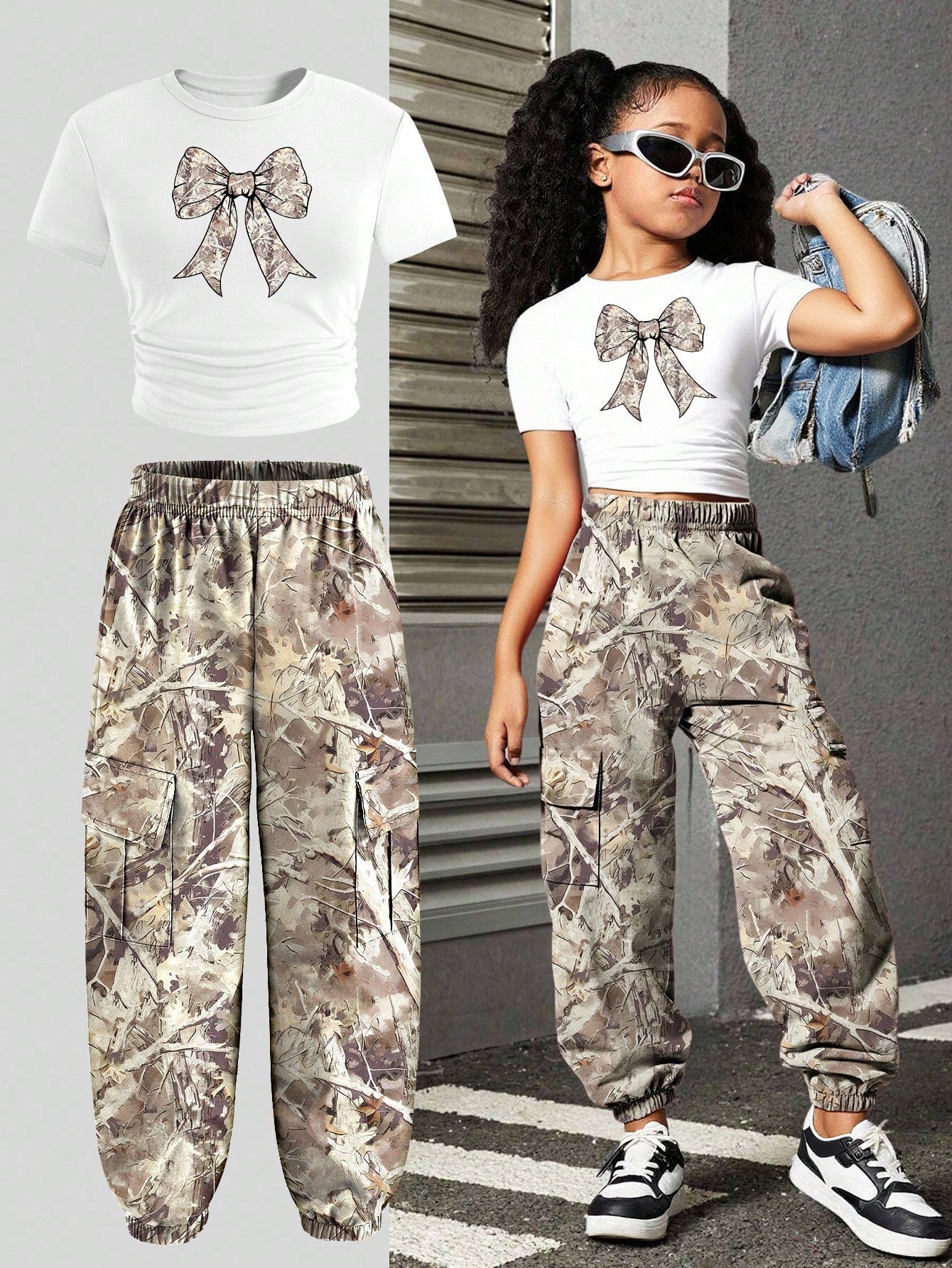 Bow Graphic Tee & Camouflage Cargo Pants Set