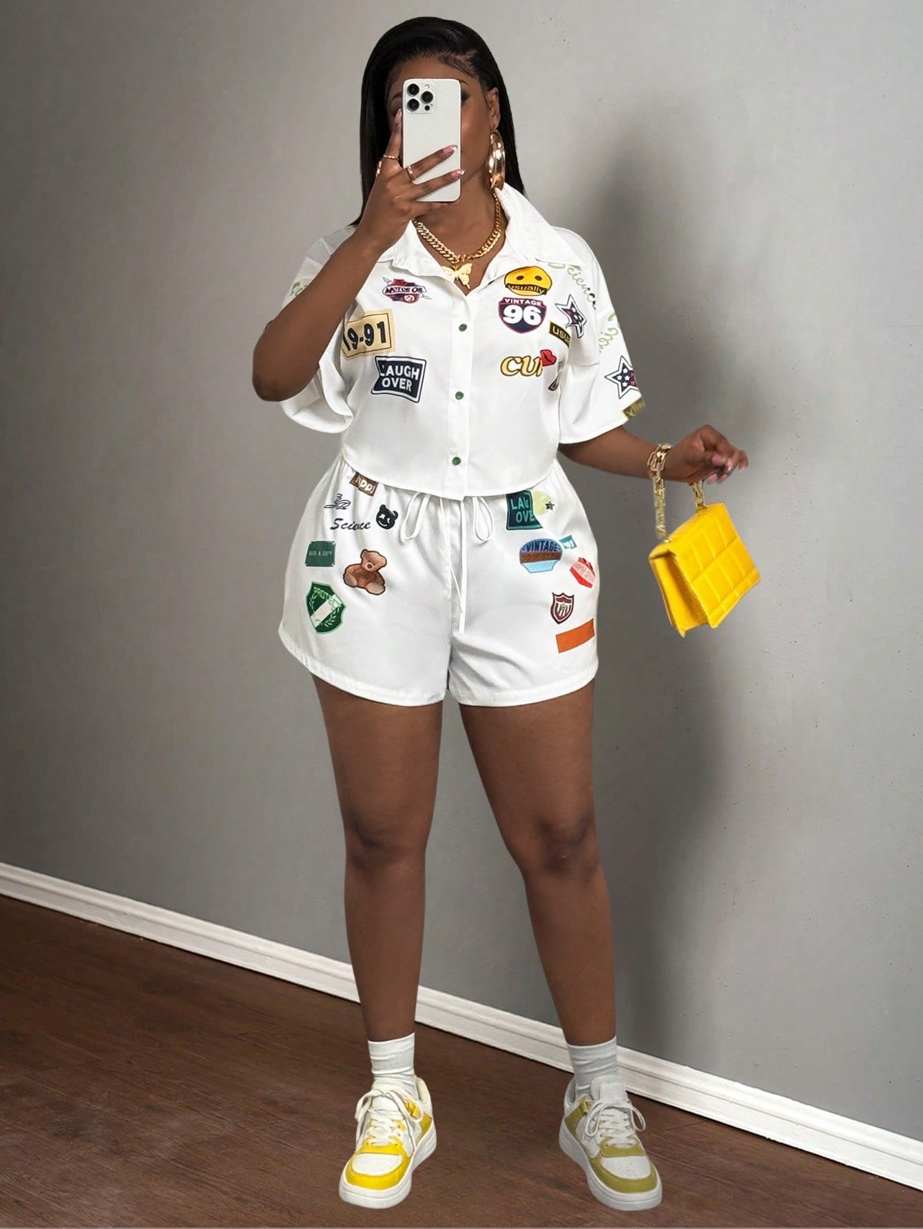 White Patchwork Shirt & Shorts Set