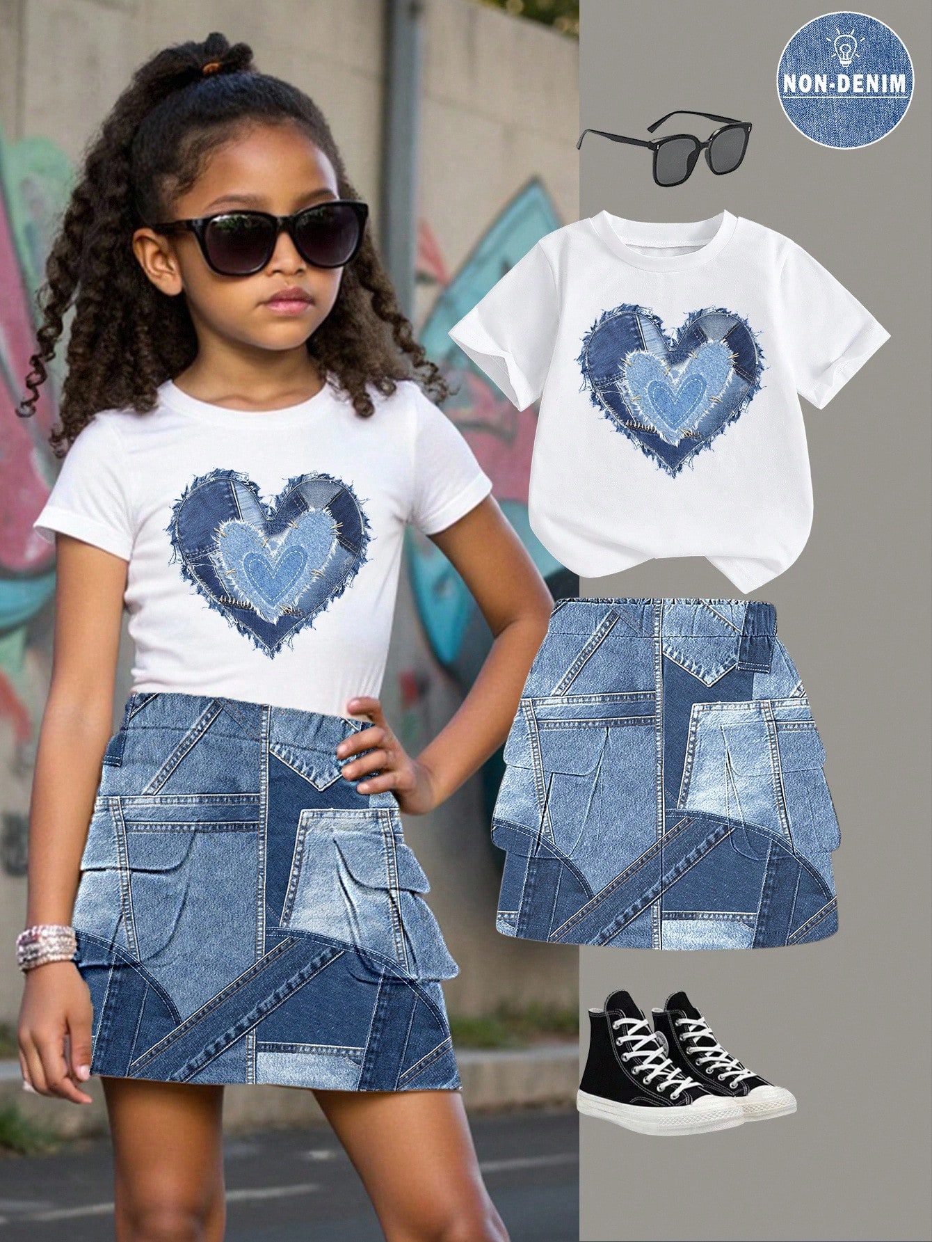 Girls Patchwork Skirt & Heart Tee Set