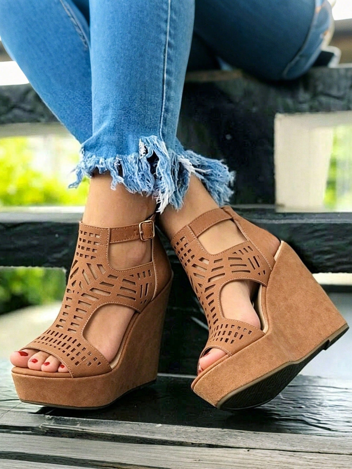 Tan Cutout Wedge Sandals
