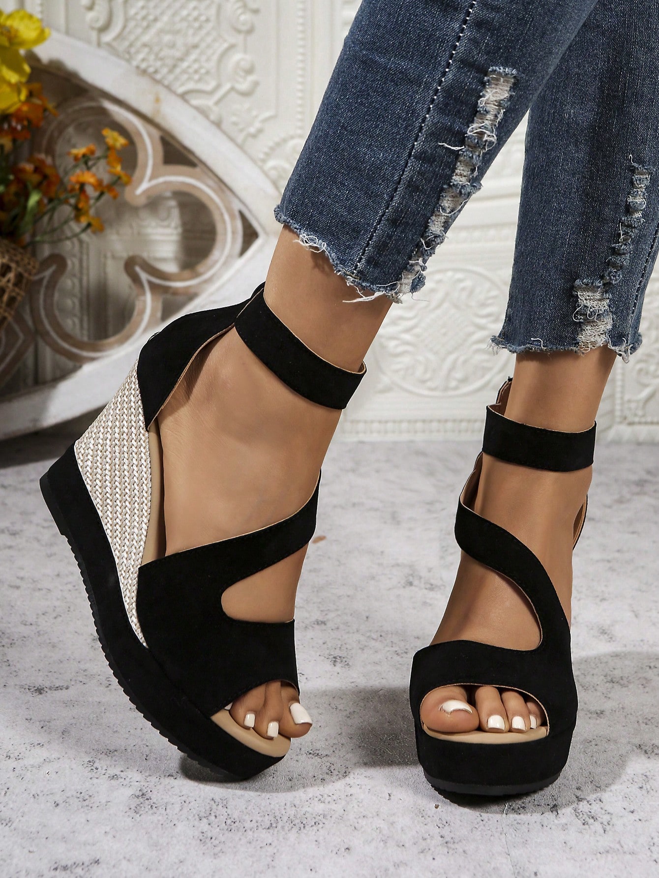 Black Cut-Out Wedge Sandals