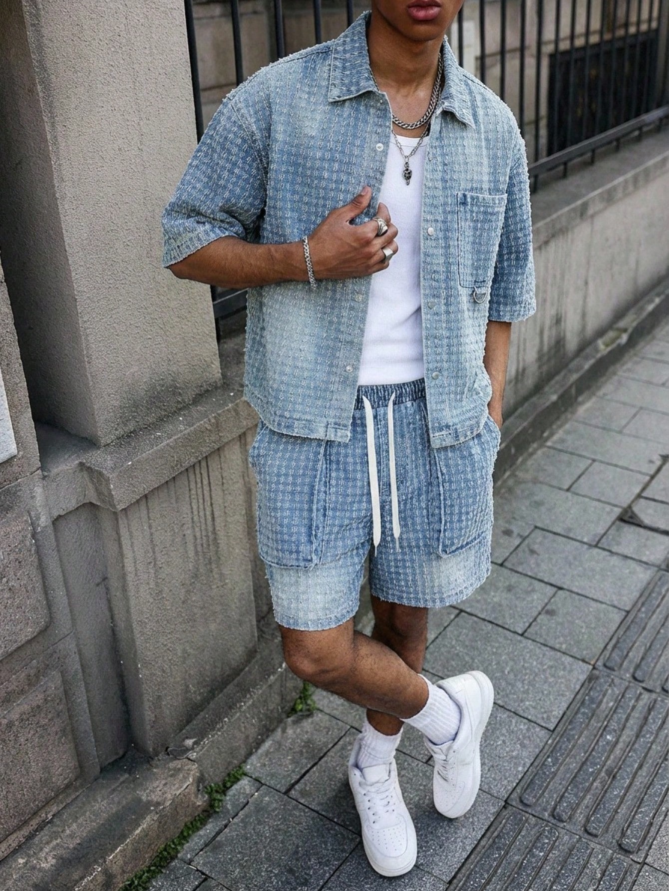 Casual Denim Texture Shorts Set