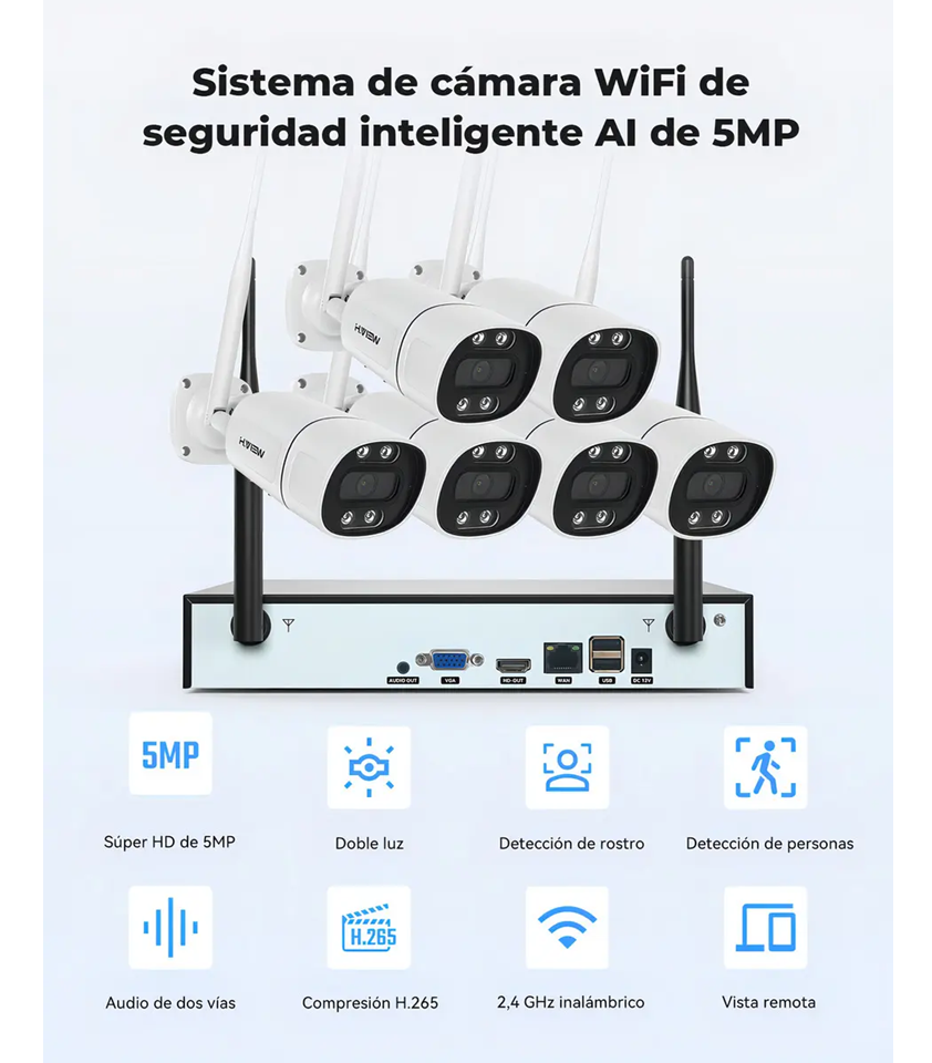 Kit 6 Cámaras De Seguridad Vigilancia Wifi inalámbrico marca H.VIEW 5mp, Audio 3TB