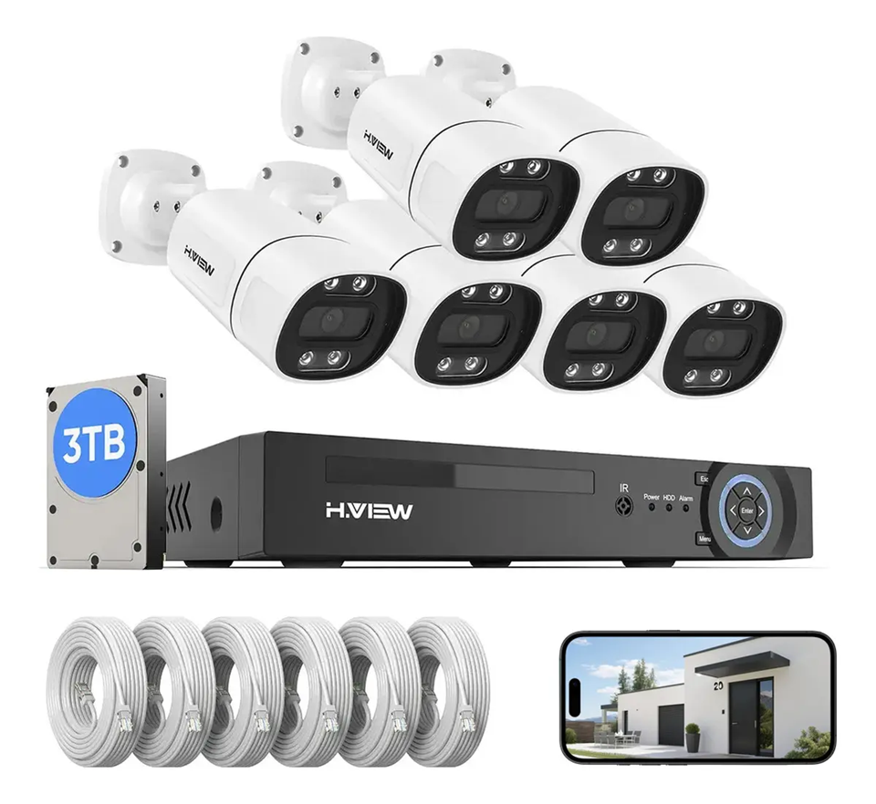 Kit Camara de Seguridad H.view. Hv86xm401-3tb, Cámara De Videovigilancia Circuito Cerrado Poe 4mp 6 Cámaras Exterior Disk 3000gb Nvr 
