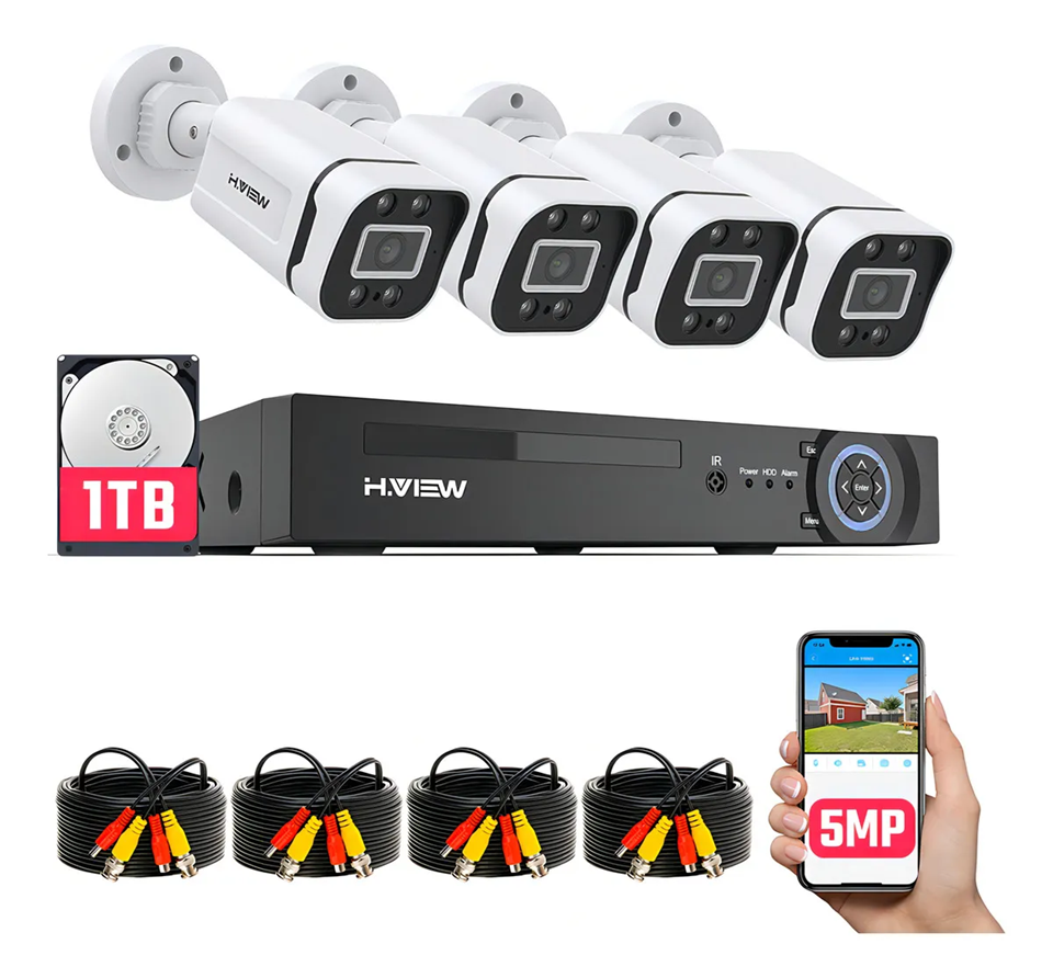 Kit H.view HV-84AHD5001-1TB De Cámara de Videovigilancia Circuito Cerrado 5mp 4 Cámaras Exterior Disk 1000gb Dvr Color Blanco