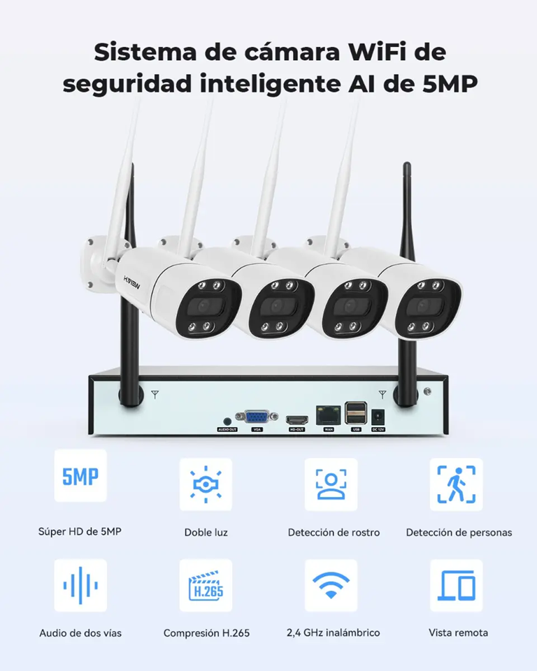 Kit 4 Cámaras H.view . De Seguridad Videovigilancia Wifi 5mp Cámaras Metálicas Con Audio 1TB