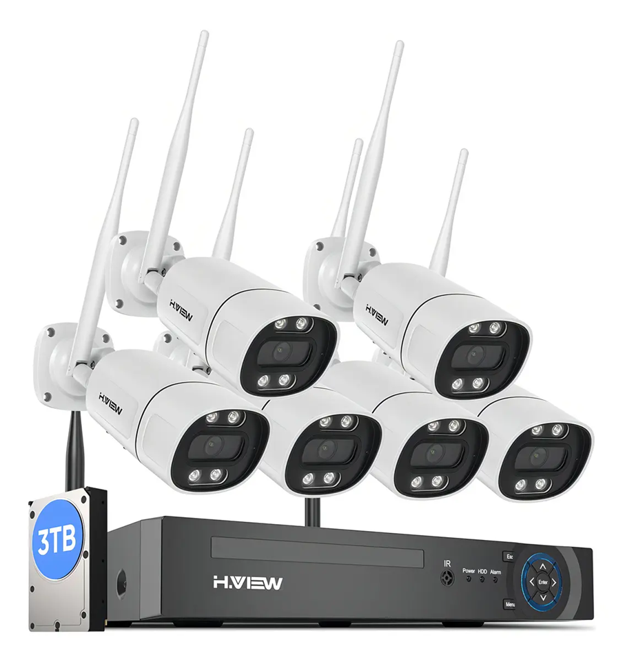 Kit 6 Cámaras De Seguridad Vigilancia Wifi inalámbrico marca H.VIEW 5mp, Audio 3TB