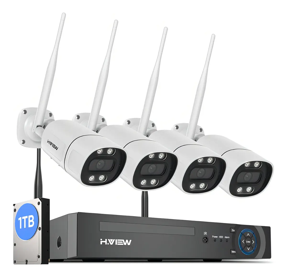 Kit 4 Cámaras H.view . De Seguridad Videovigilancia Wifi 5mp Cámaras Metálicas Con Audio 1TB