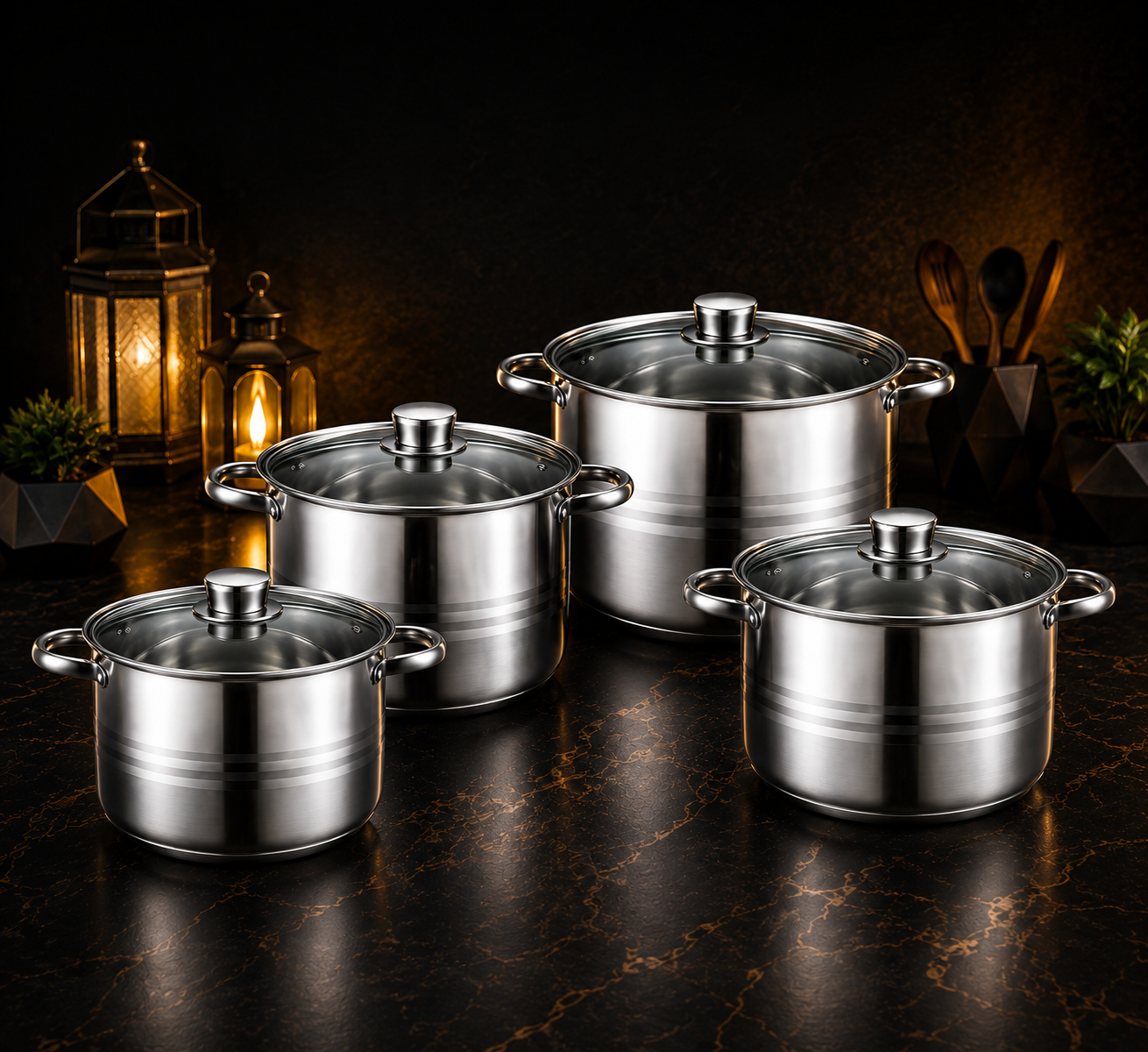 8-Piece Stainless Steel Cookware Set – Induction Compatible Pots with Glass Lids