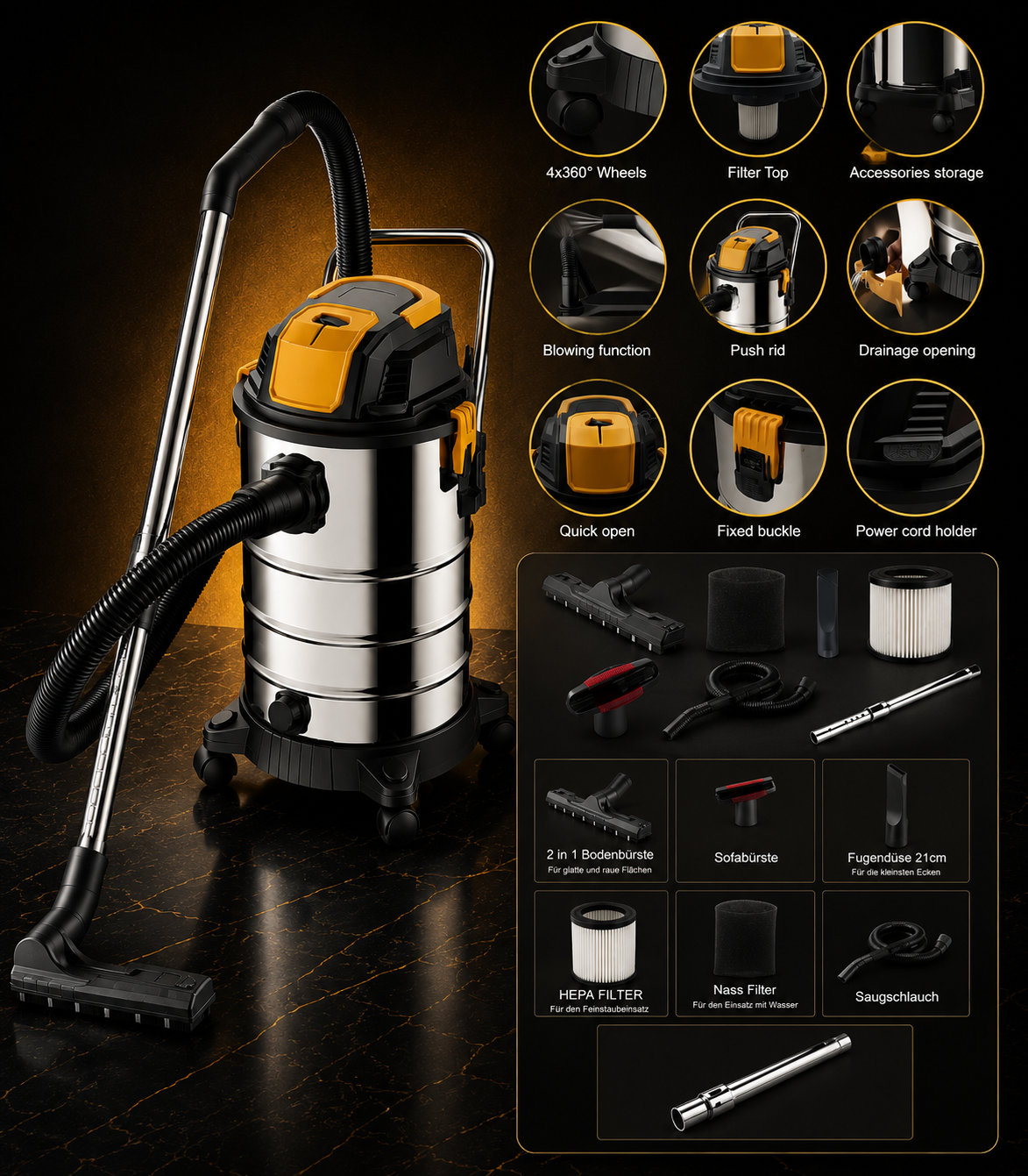 Avizar Wet & Dry Vacuum Cleaner 30L – 1500W Stainless Steel Vacuum with Blower Function