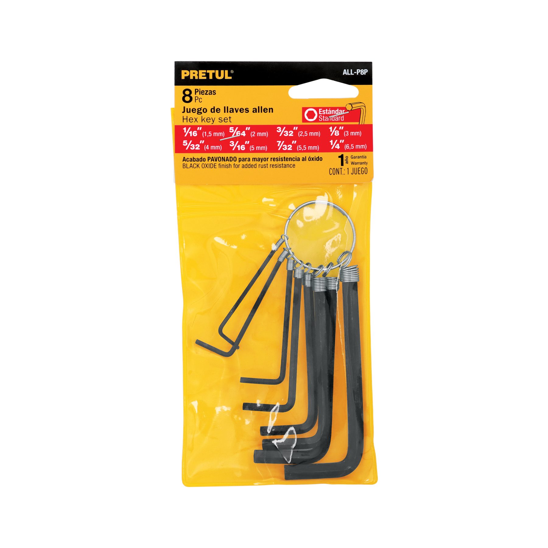 Juego de 8 llaves hexagonales std, tipo llavero, PRETUL