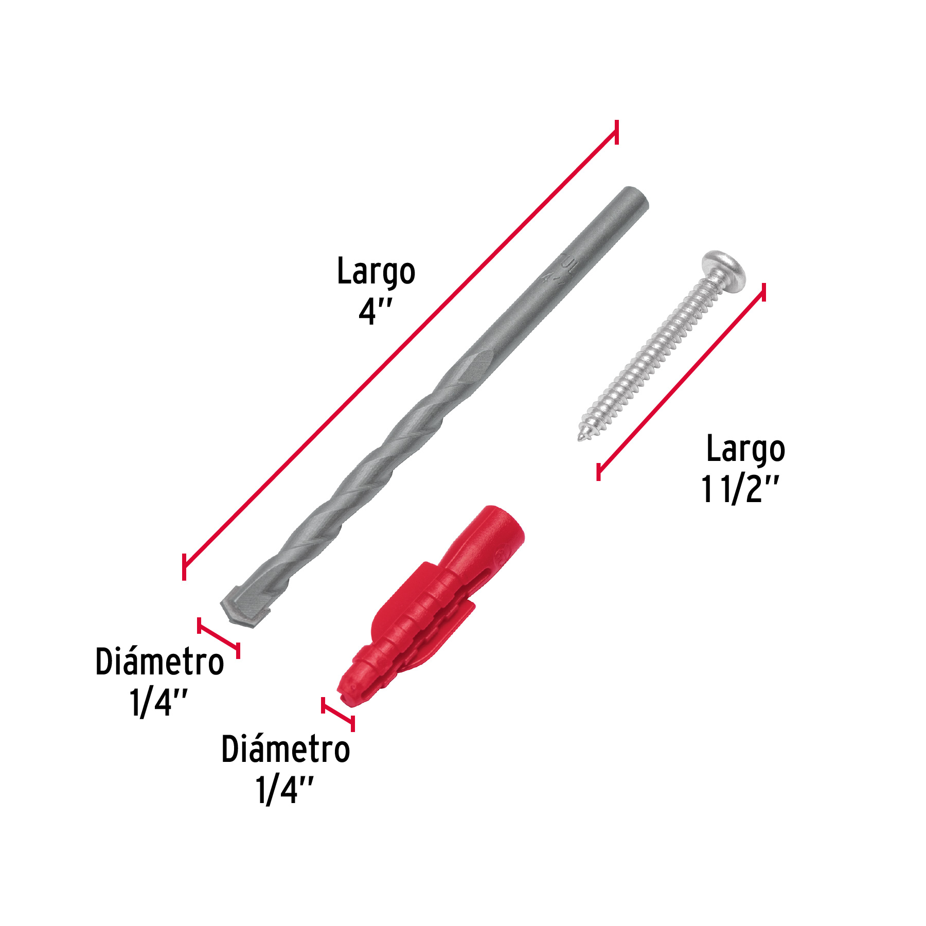 Kit de 20 taquetes 1/4' con pijas #8 y 1 broca 1/4', FIERO
