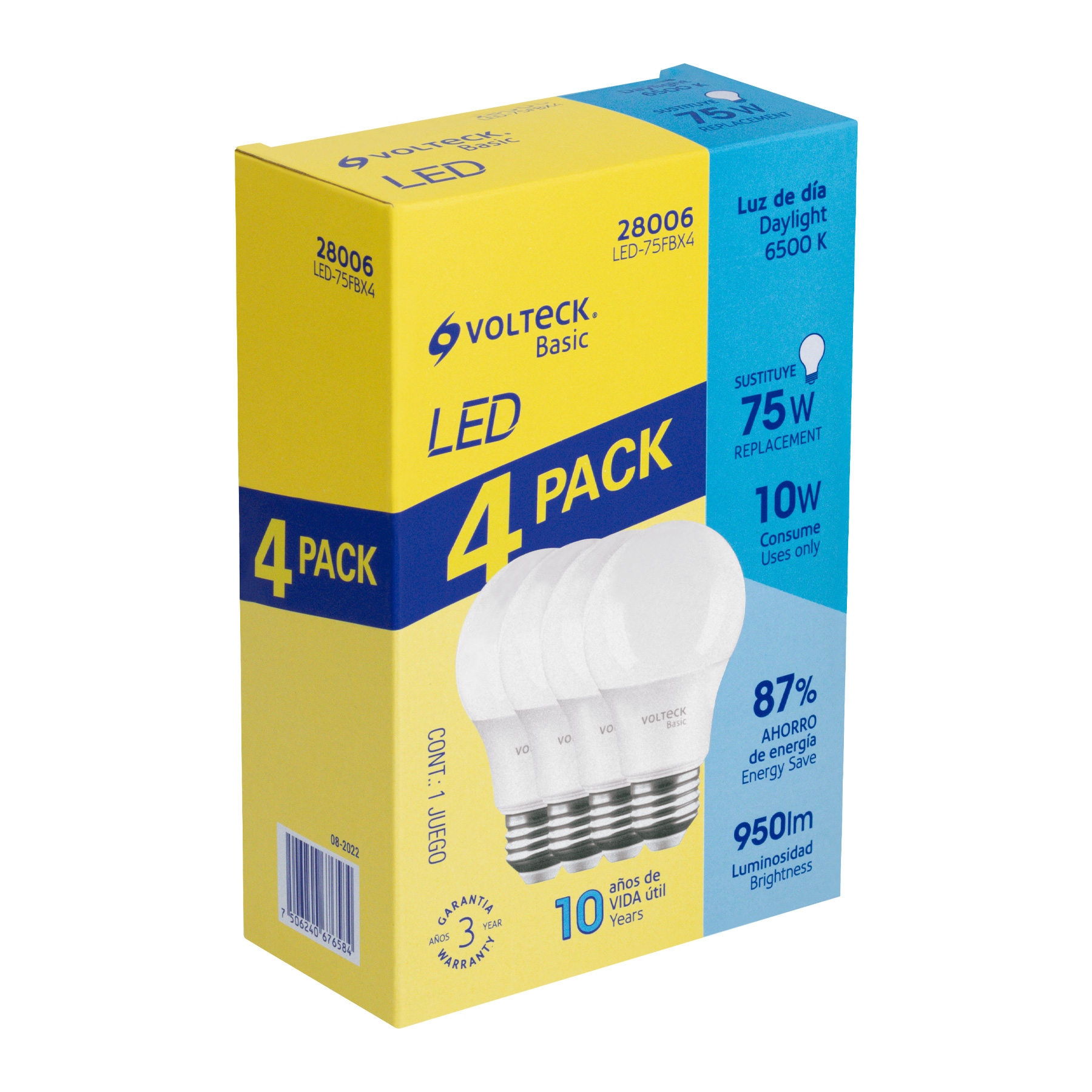 Pack 4 focos LED 10W (75W) A19, 6500K fría, 950 lm, Volteck