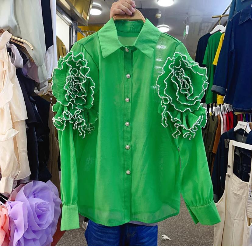 Green Ruffle Sheer Shirt