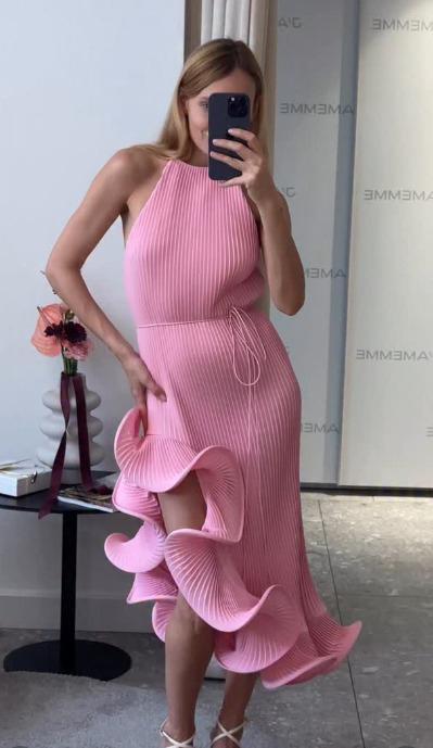 Pleated Pink Ruffle Dress