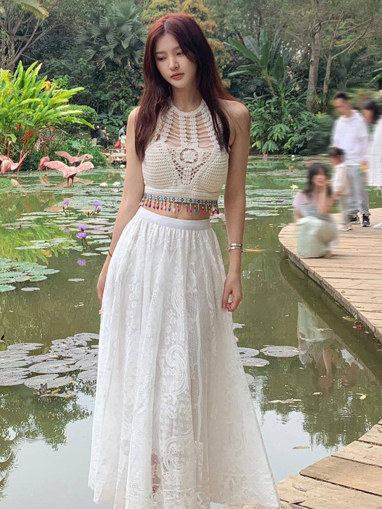 Boho Chic White Lace Skirt Set