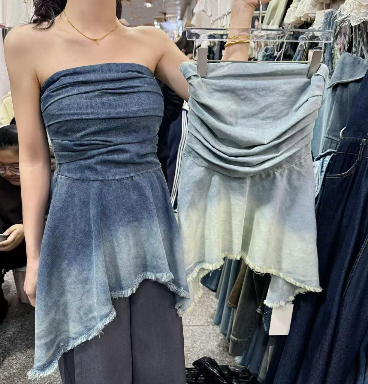 Ombre Denim Strapless Top