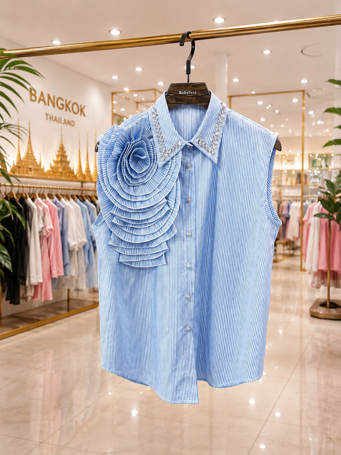 Embellished Blue Sleeveless Shirt