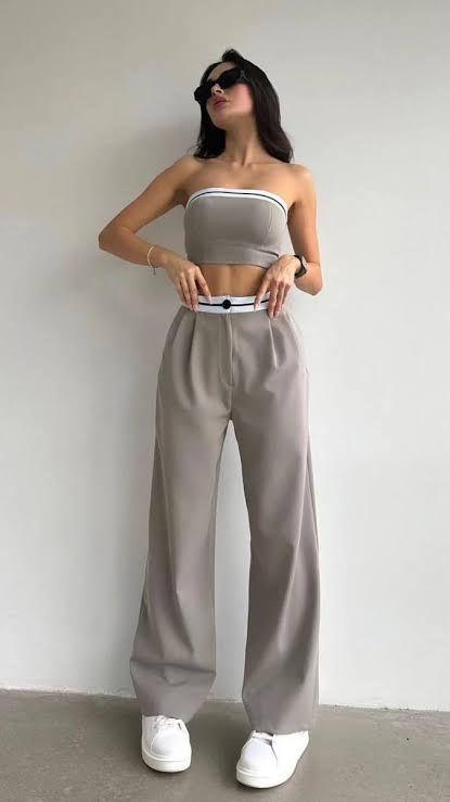 Taupe Tube Top & Wide Leg Pants Set