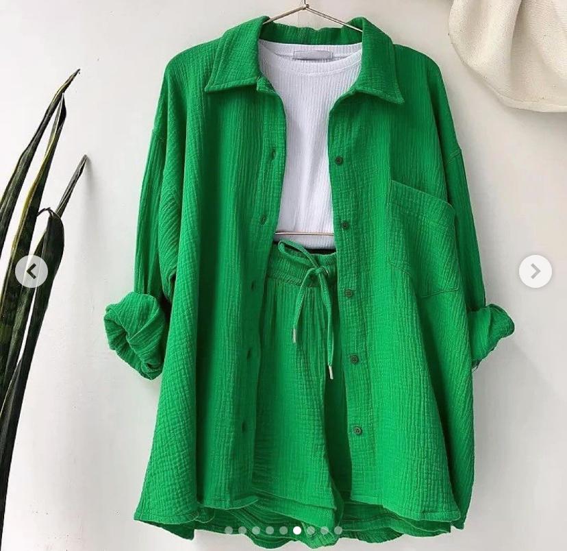 Green Casual Shirt and Shorts Set