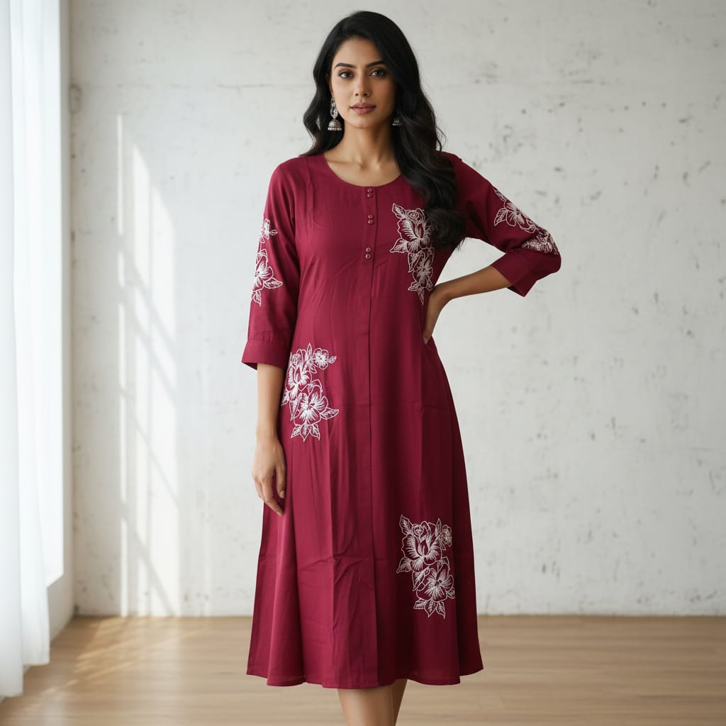 Maroon Floral Midi Kurti_A10263