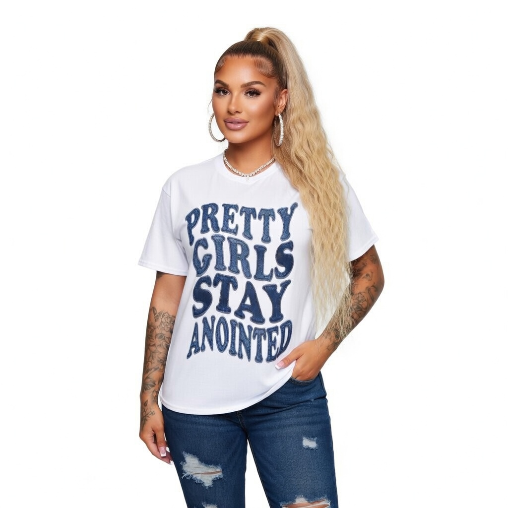 PRETTY GIRLS STAY ANOINTED DENIM PRINT TEE