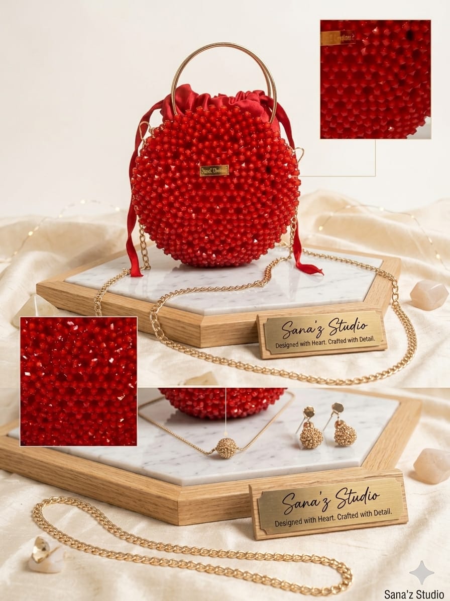 Red Beaded Round Handbag