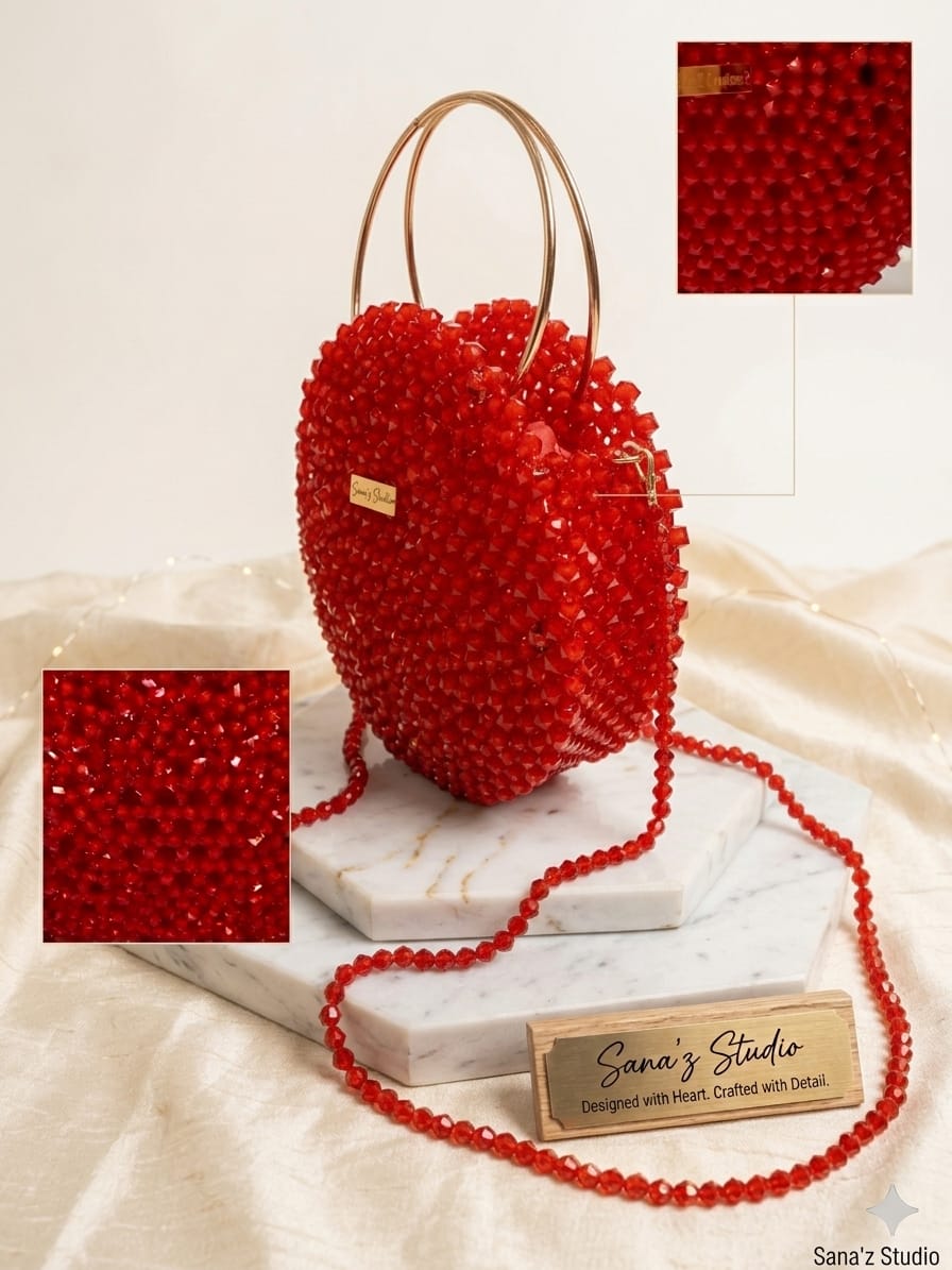Red Beaded Round Handbag