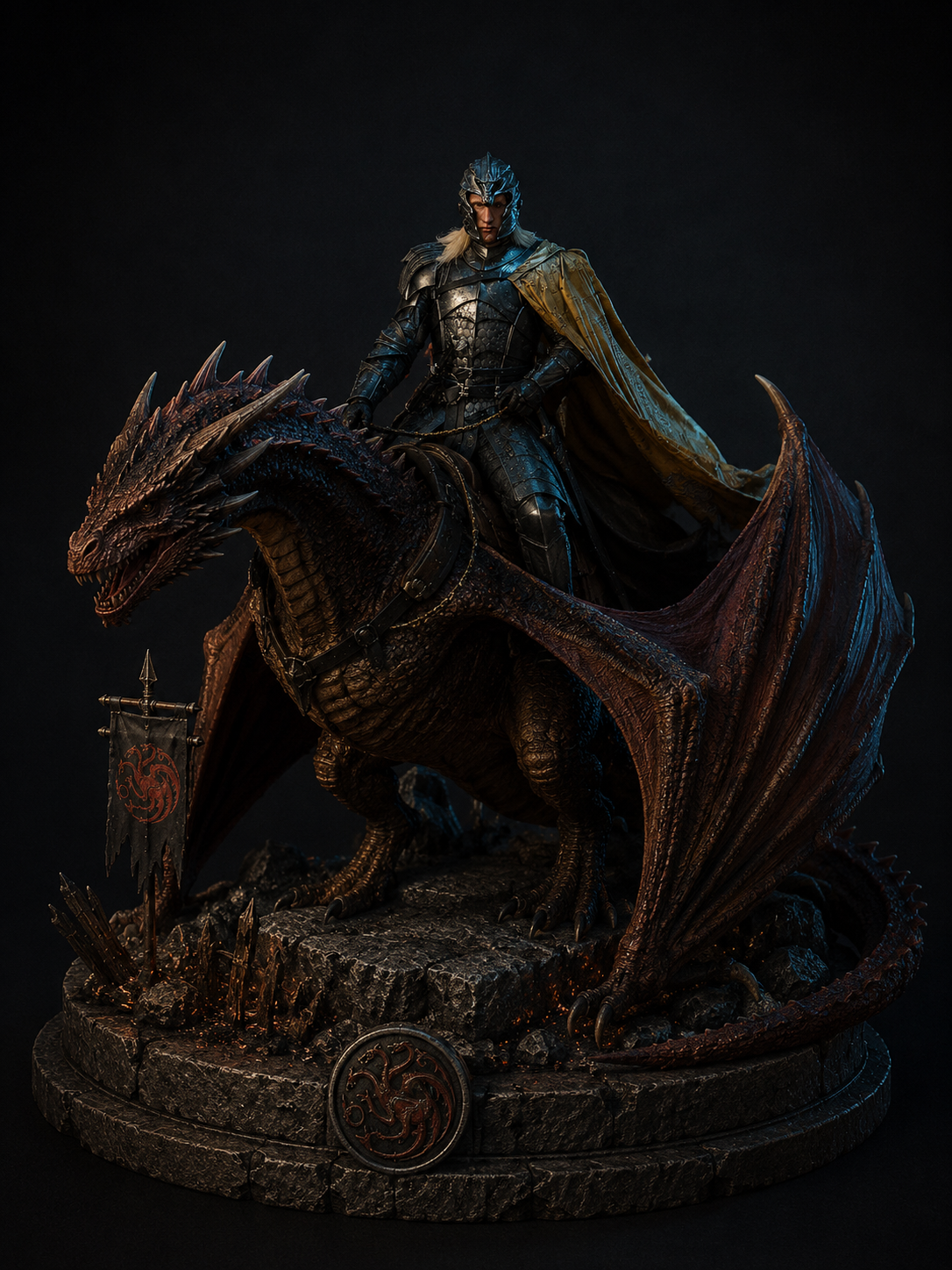 Daemon Targaryen & Caraxes 3D Figurine | Hand Painted Dragon Rider Collectible | Fantasy Display Statue | House Targaryen Gift