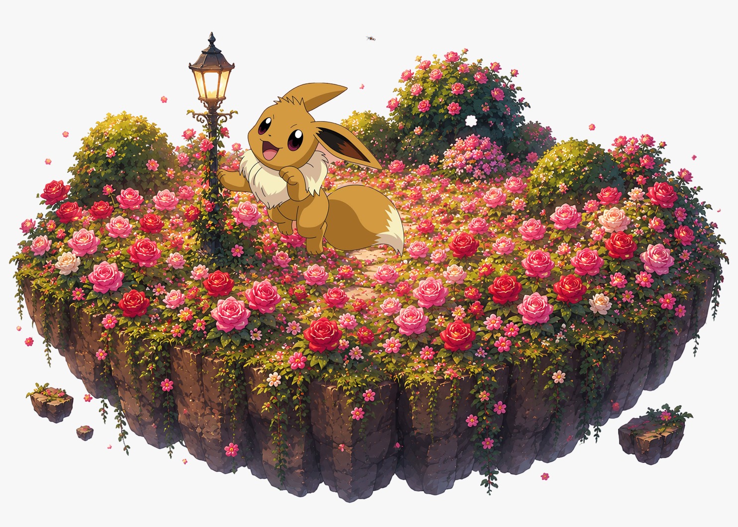 Eevee Rose Garden 3D Hand-Painted Diorama | Pokémon Inspired Fantasy Display | Floral Collector Statue | Handmade Decor