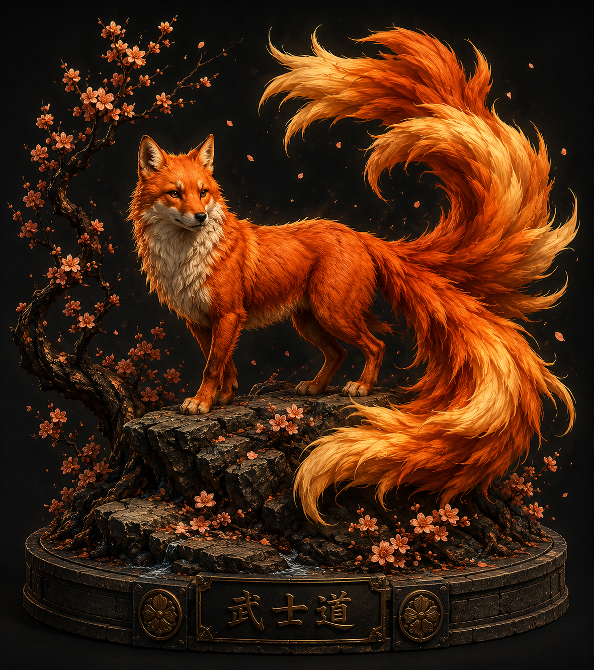 Nine-Tailed Kitsune Fox 3D Diorama | Japanese Mythology Statue | Cherry Blossom Fantasy Decor | Hand Painted Figure | Fox Spirit Collectible