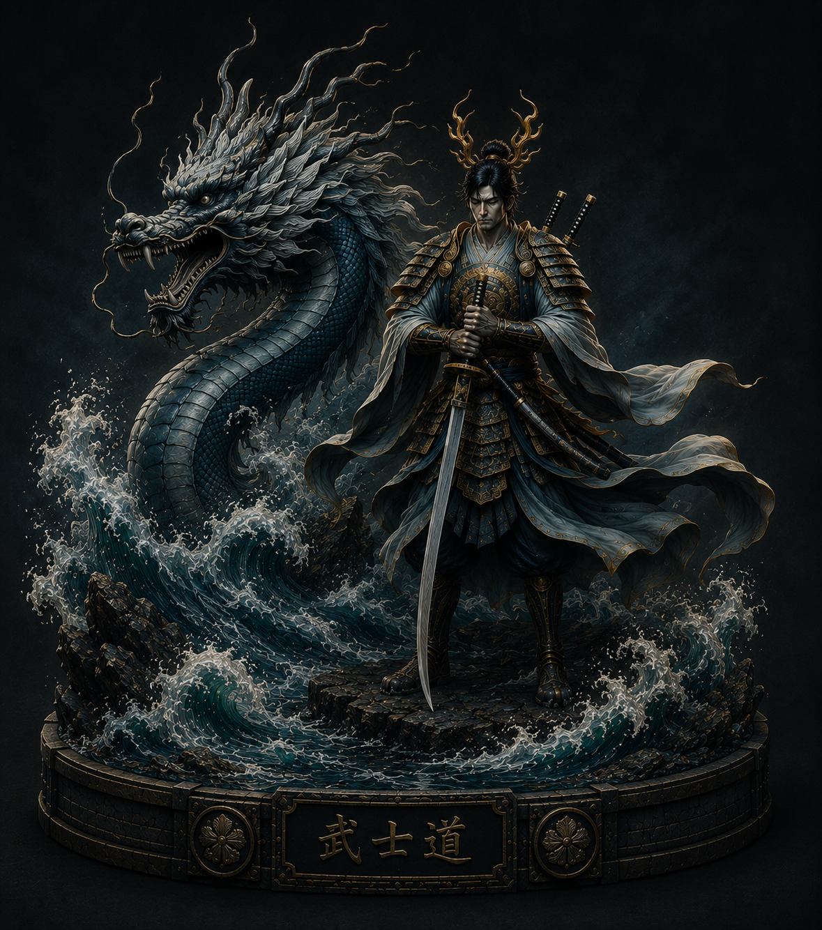 Susanoo & Water Dragon 3D Diorama | Japanese Mythology Statue | Hand Painted Fantasy Collectible | Shinto God Decor | Dragon Warrior Display