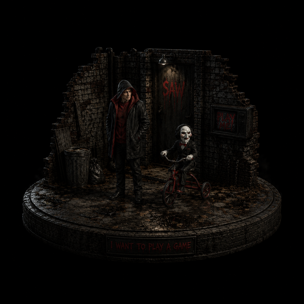 Saw-Inspired 3D Hand-Painted Diorama | Billy the Puppet & Hooded Figure | Horror Movie Collectible | Handmade Display Statue