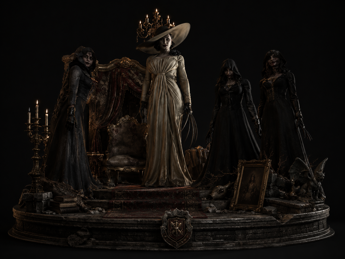 Lady Dimitrescu & Her Three Daughters 3D Hand-Painted Diorama | Resident Evil Village Inspired Statue | Handmade Horror Collectible