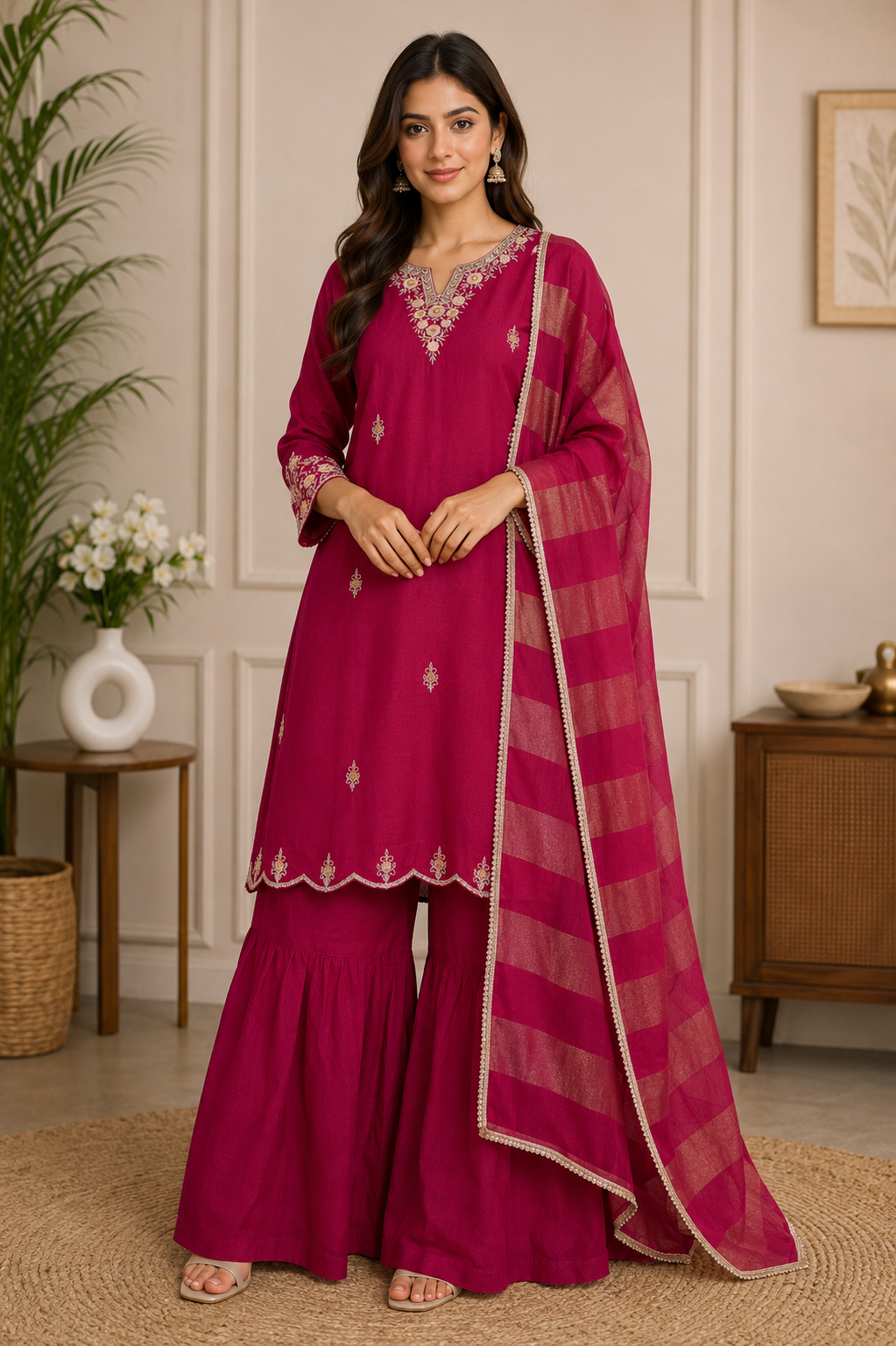 Magenta Embroidered Sharara Set