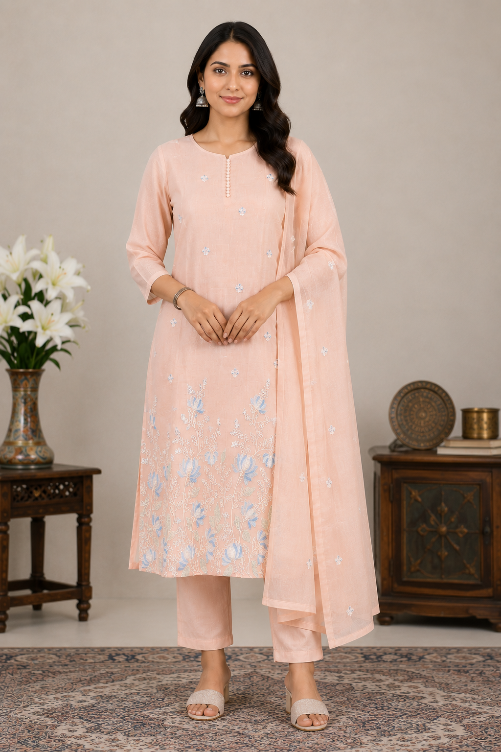 Peach Embroidered Kurta Set
