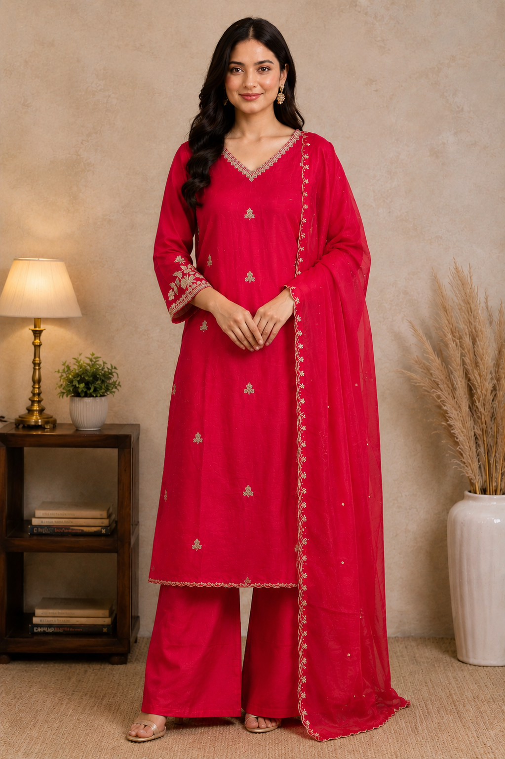 Embroidered Red Kurta Set